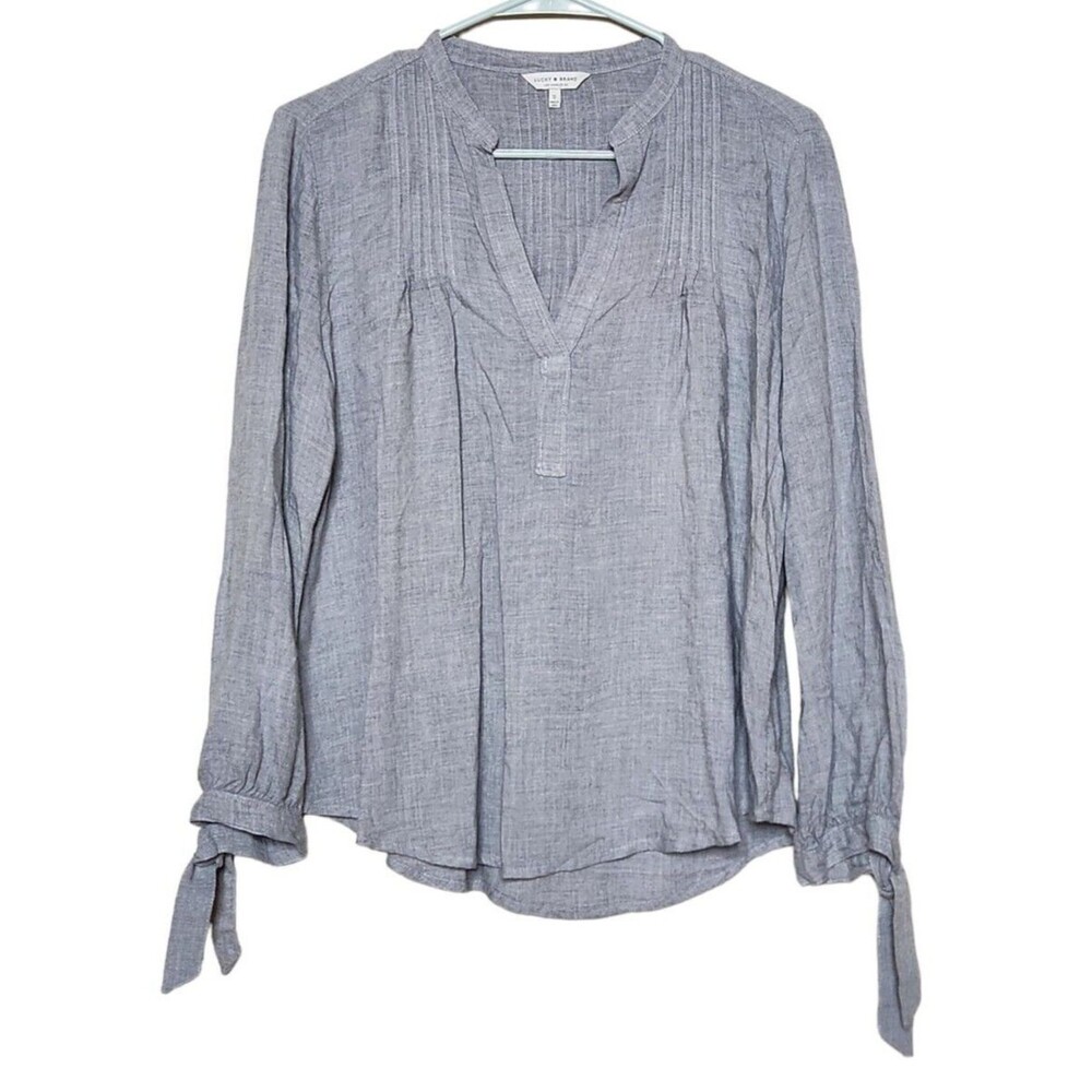 Lucky Brand Womens S Popover Blouse Tie Up Sleeve Top Long Sleeve Shirt Gray